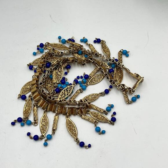 Vintage Etruscan Revival Victorian Era  Filigree Dangle Book Chain Bib Necklace - Picture 9 of 10